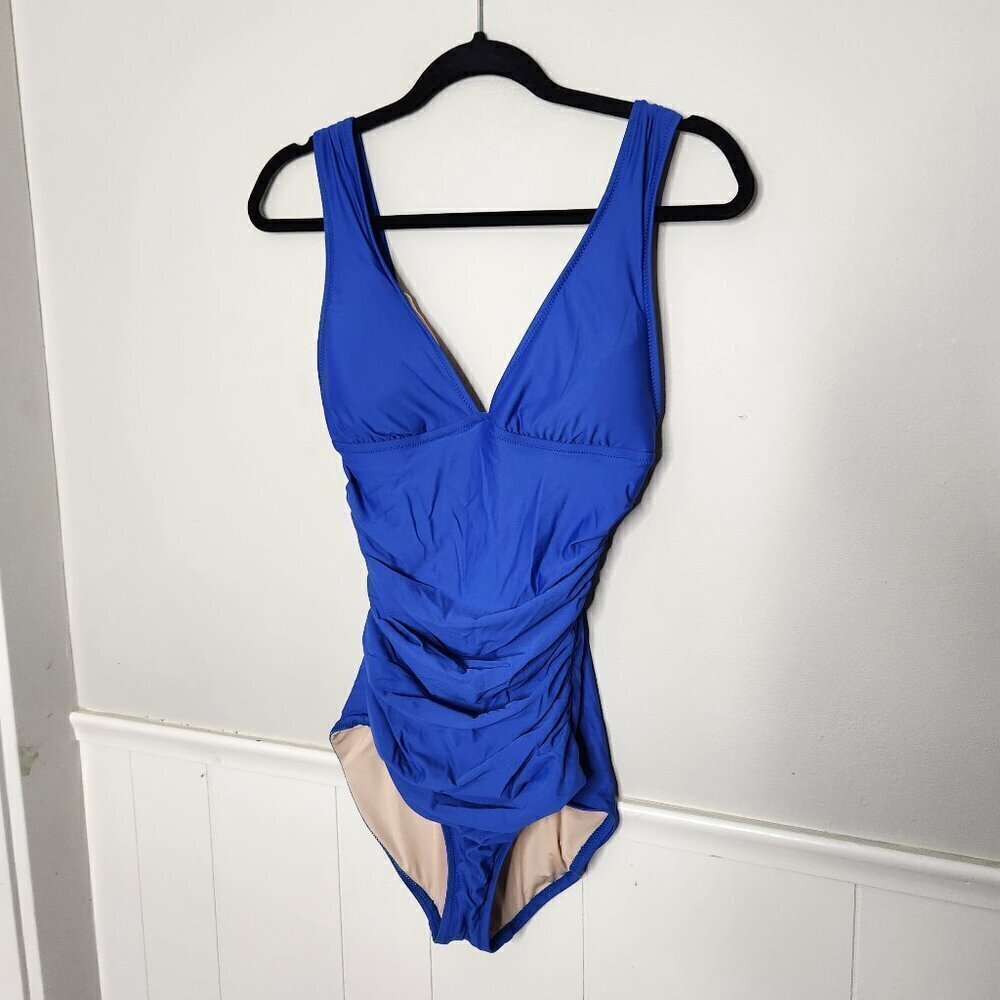 J. CREW Solid Blue Ruched V Neck One Piece Bathin Suit